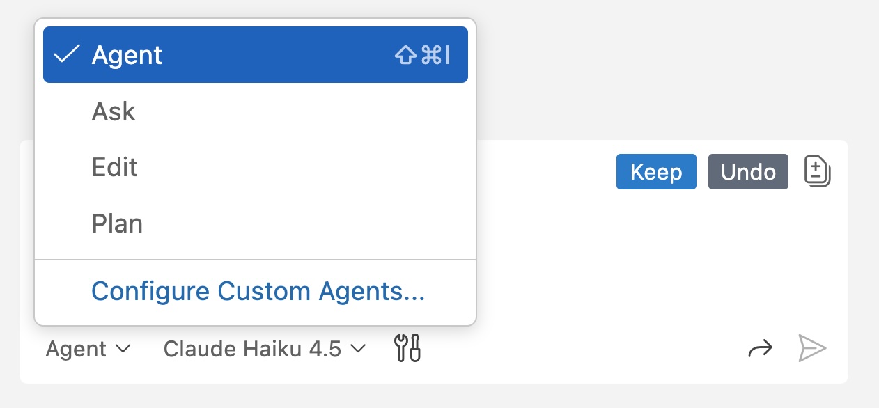 Screenshot of the Copilot Chat panel showing the Agent Mode dropdown