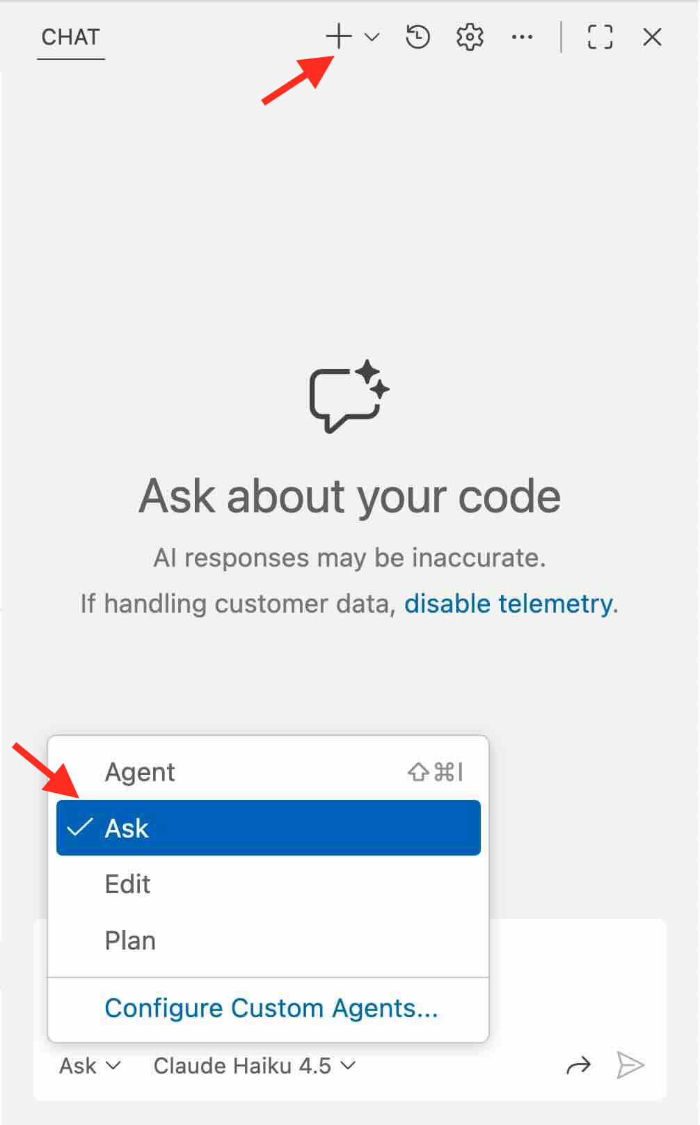 Screenshot of the Ask mode being highlighted in the Copilot Chat panel