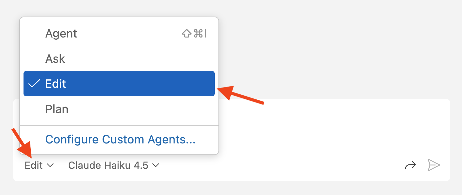 Screenshot of the Edit mode being highlighted in the Copilot Chat panel