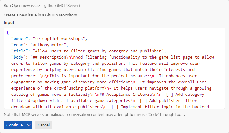 Example of the expanded dialog box showing the GitHub Issue that will be created