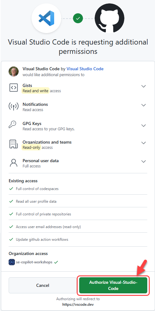 A popup showing the authorization for visual-studio-code app