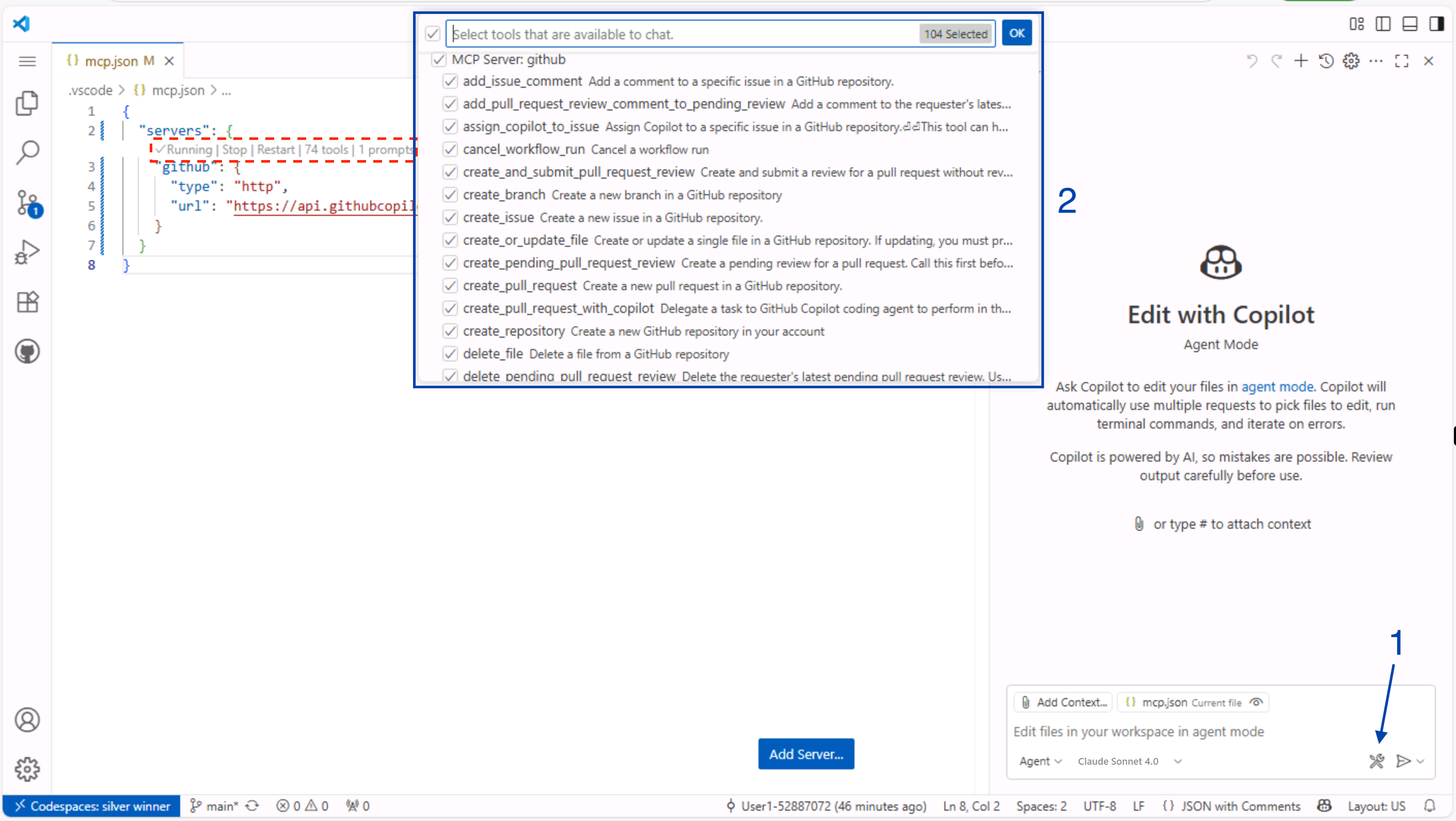 Example of the MCP server started with tools available