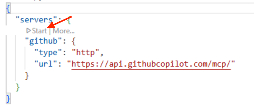 The start button above the GitHub MCP server entry
