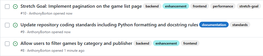 Example of issues created in GitHub